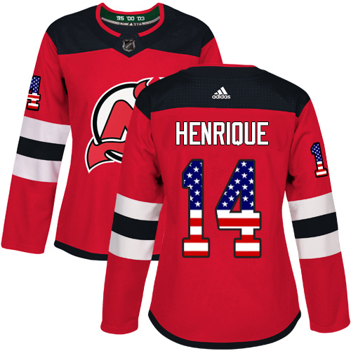 Adidas Devils #14 Adam Henrique Red Home Authentic USA Flag Women's Stitched NHL Jersey